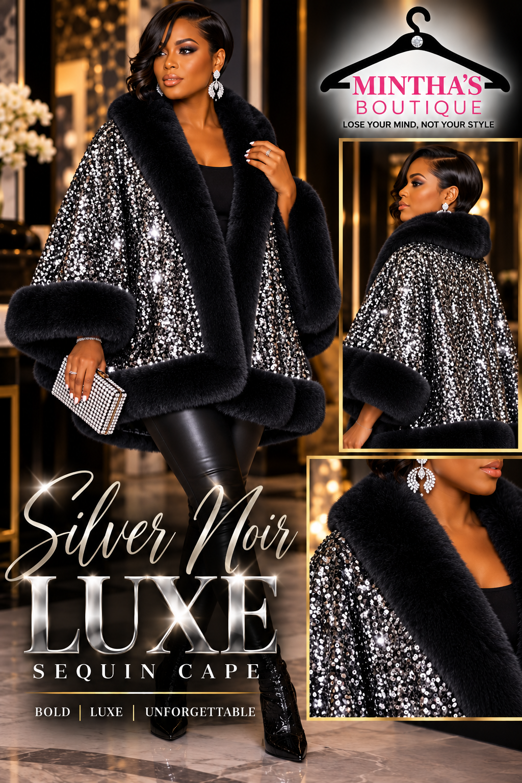 Black on Silver Luxe Sequin Cape