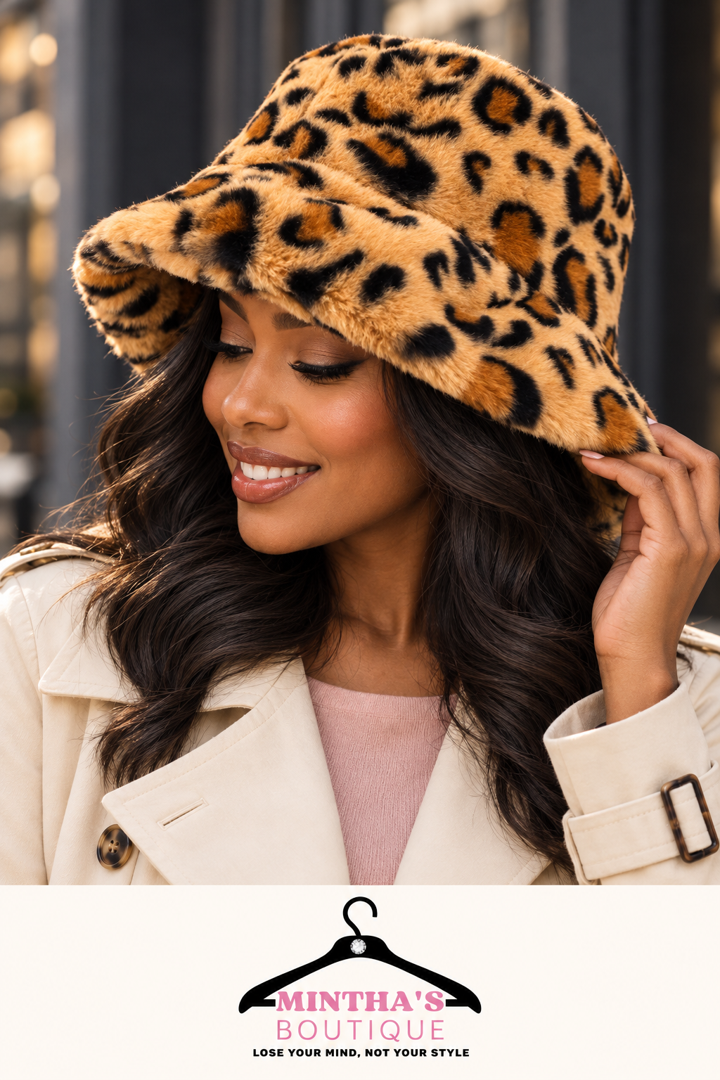 Leopard Patterned Faux Fur Bucket Hat