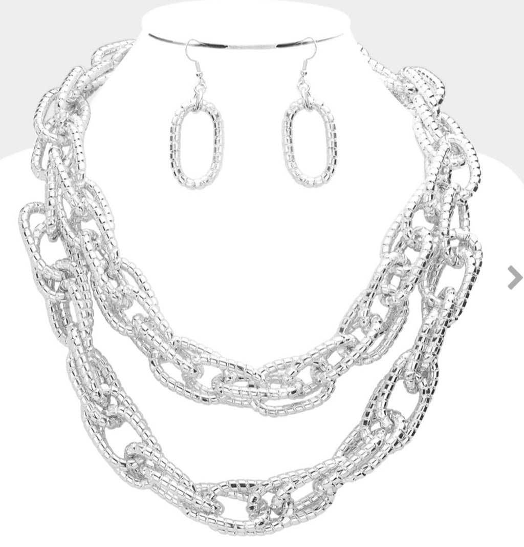 Silver Open Metal Oval Link Double Layered Necklace Set