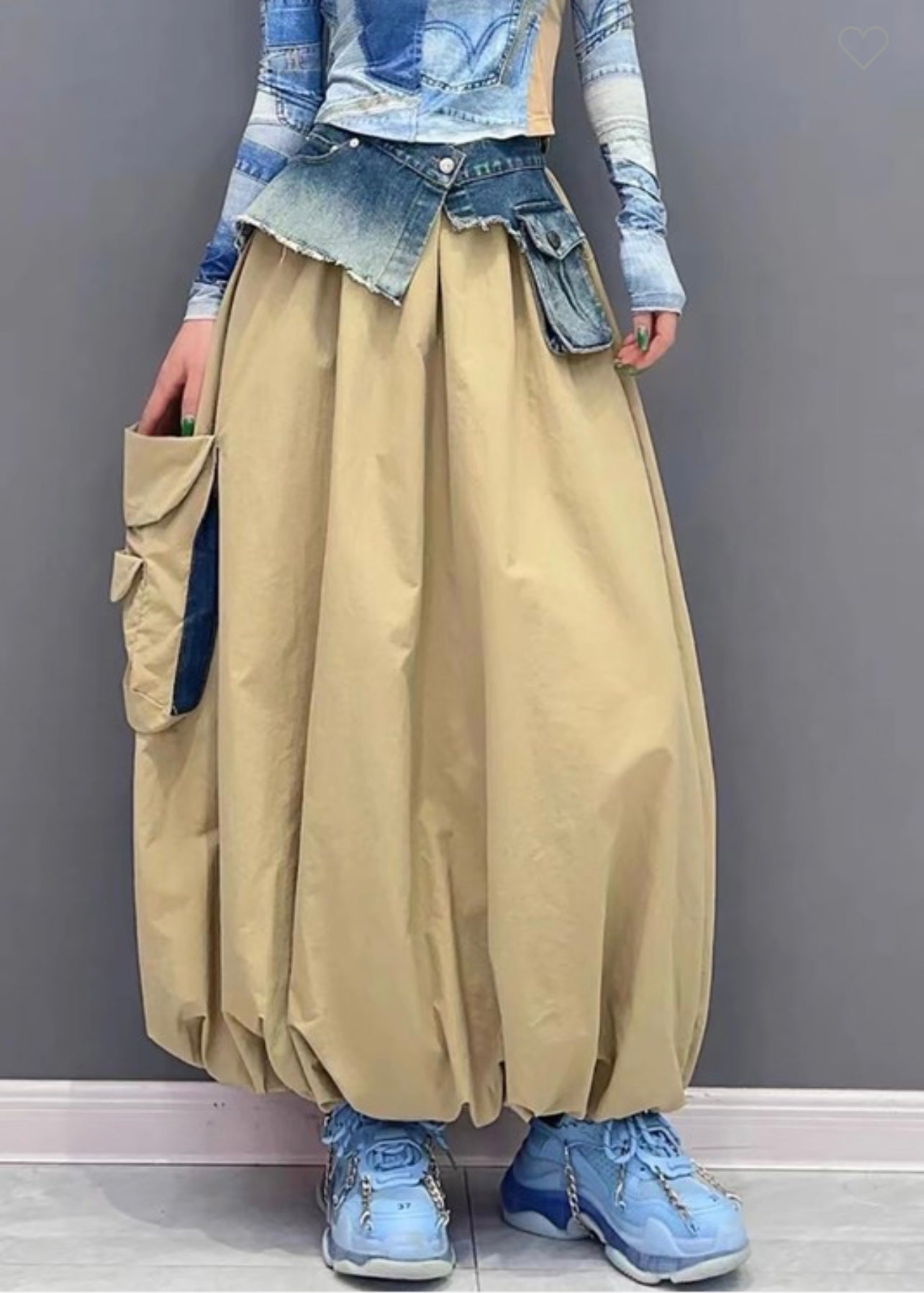 Khaki Bubble Skirt w/Denim Pockets
