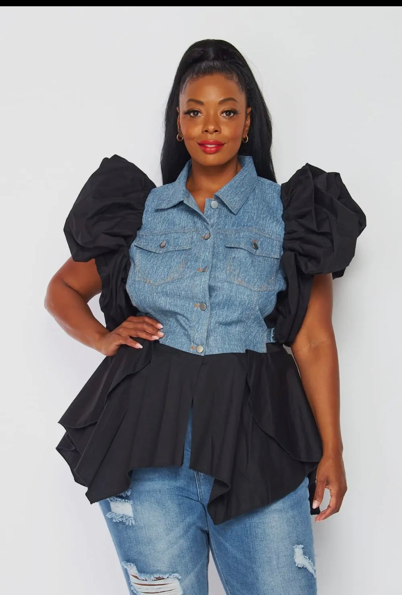 Shake It Up BLACK DENIM PEPLUM TOP