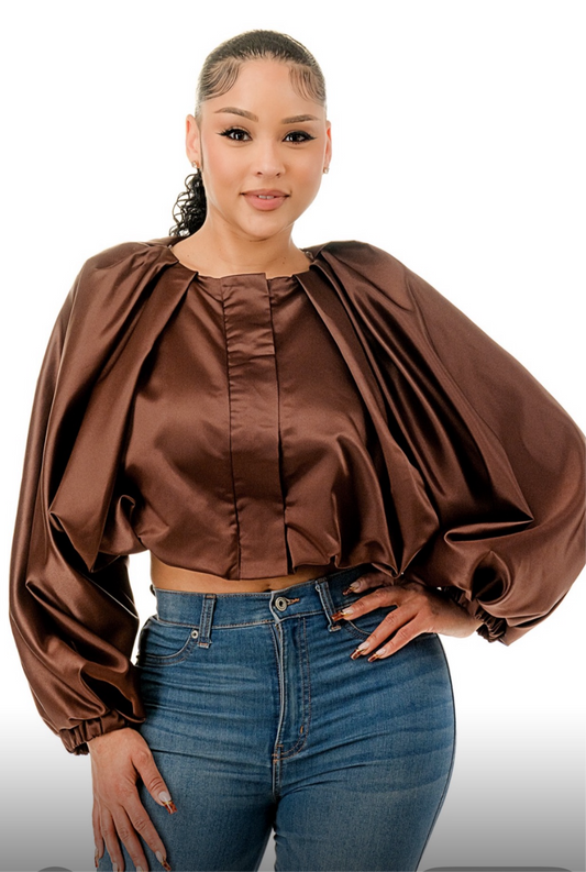 SATIN SOFT CROP BUBBLE SLEEVE TOP