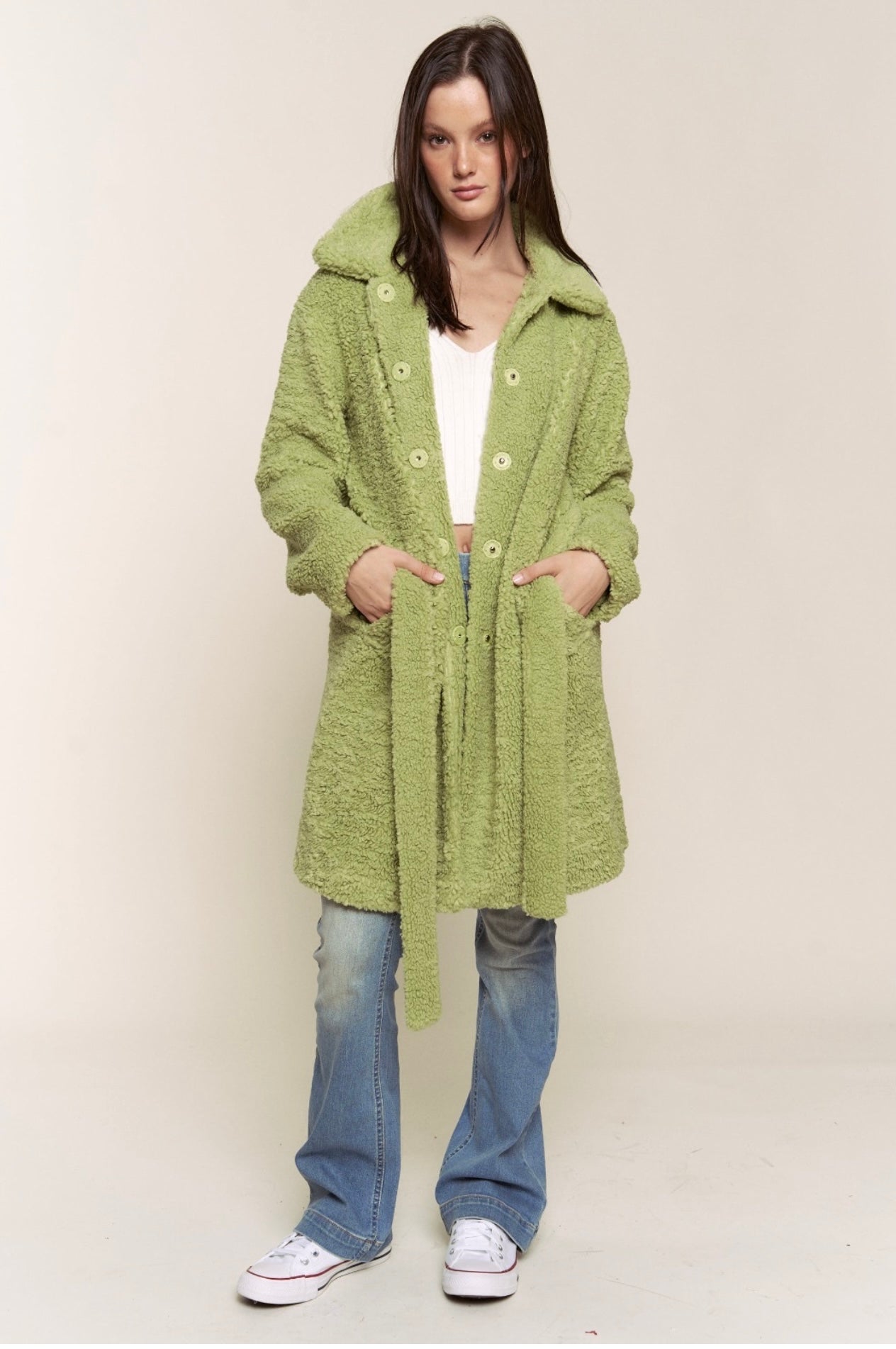 London Faux Shearling Belted Pea Coat_Sage Green