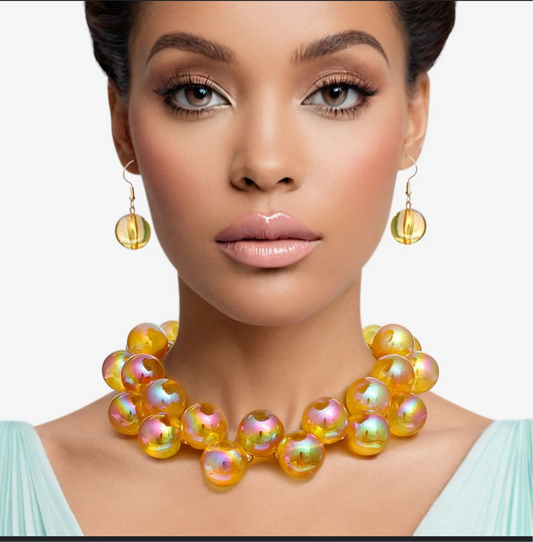 Chunky Iridescent Ball Beaded Necklace_Yellow
