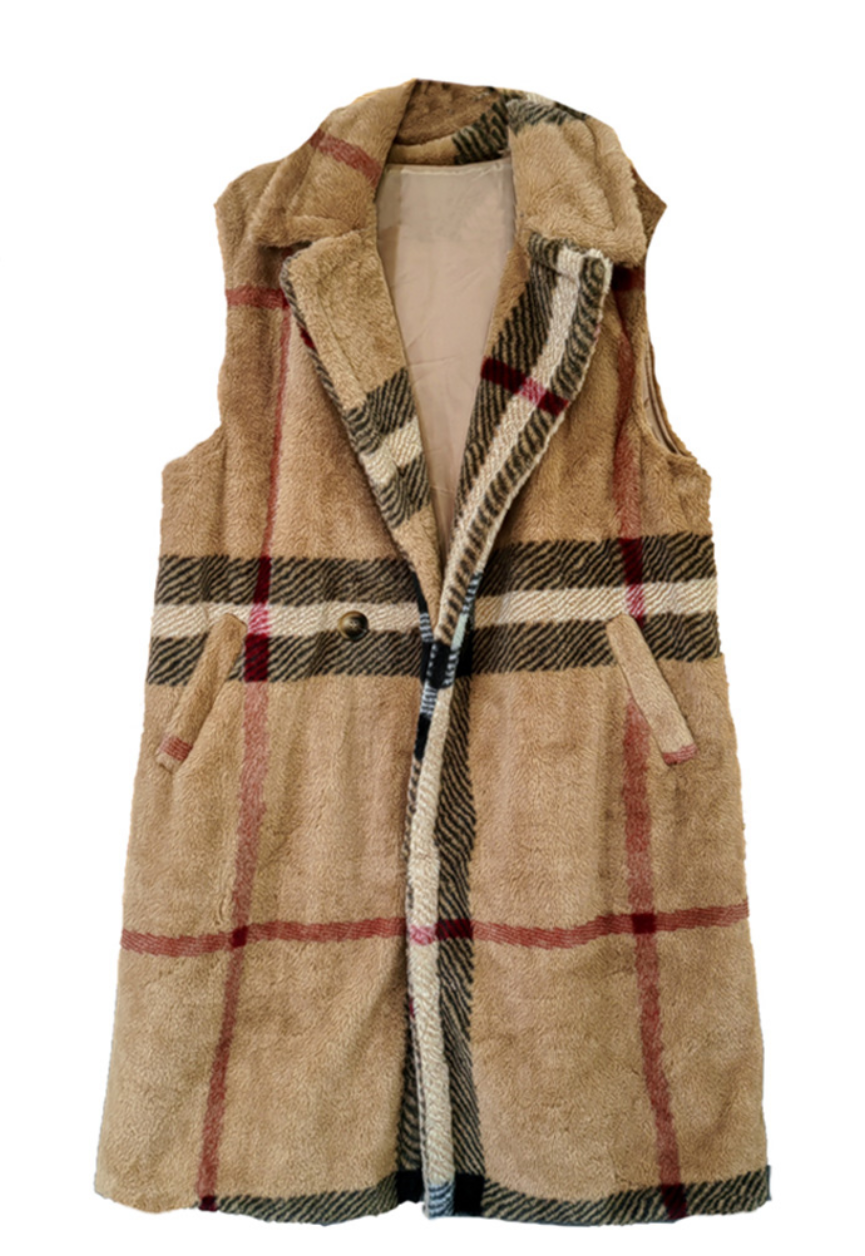 Just a Thought Faux Fur Plaid Long Vest