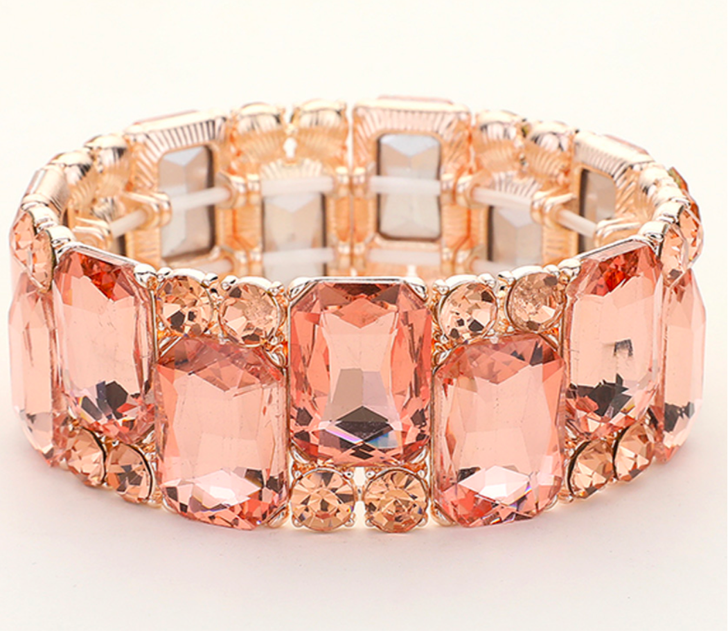 Square Round Glass Stone Cluster Stretch Bracelet