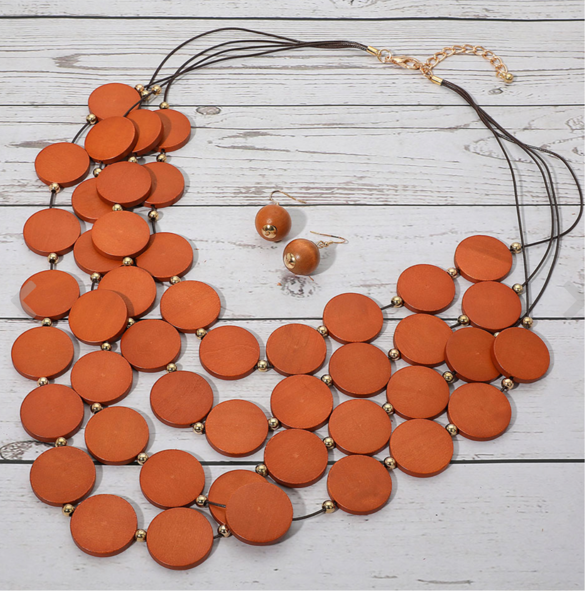 Layered Wood Disc Layered Statement Necklace