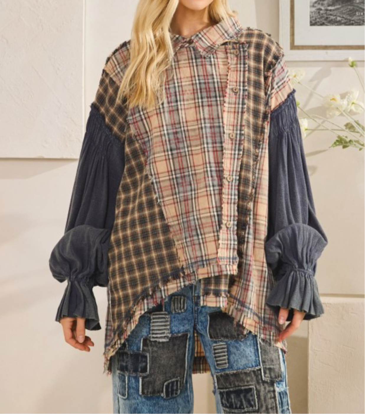 Washed Plaid Asymmetrical Button Down Shirt