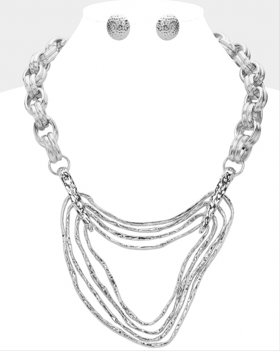 Silver Textured Metal  Layered Chunky Statement Necklace