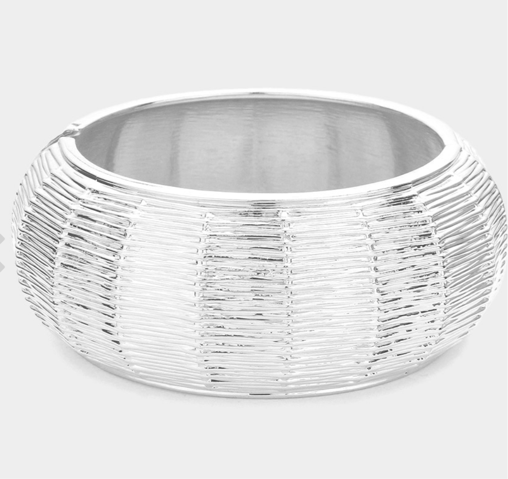 Silver Chunky Textured Metal Hinged Bangle Bracelet