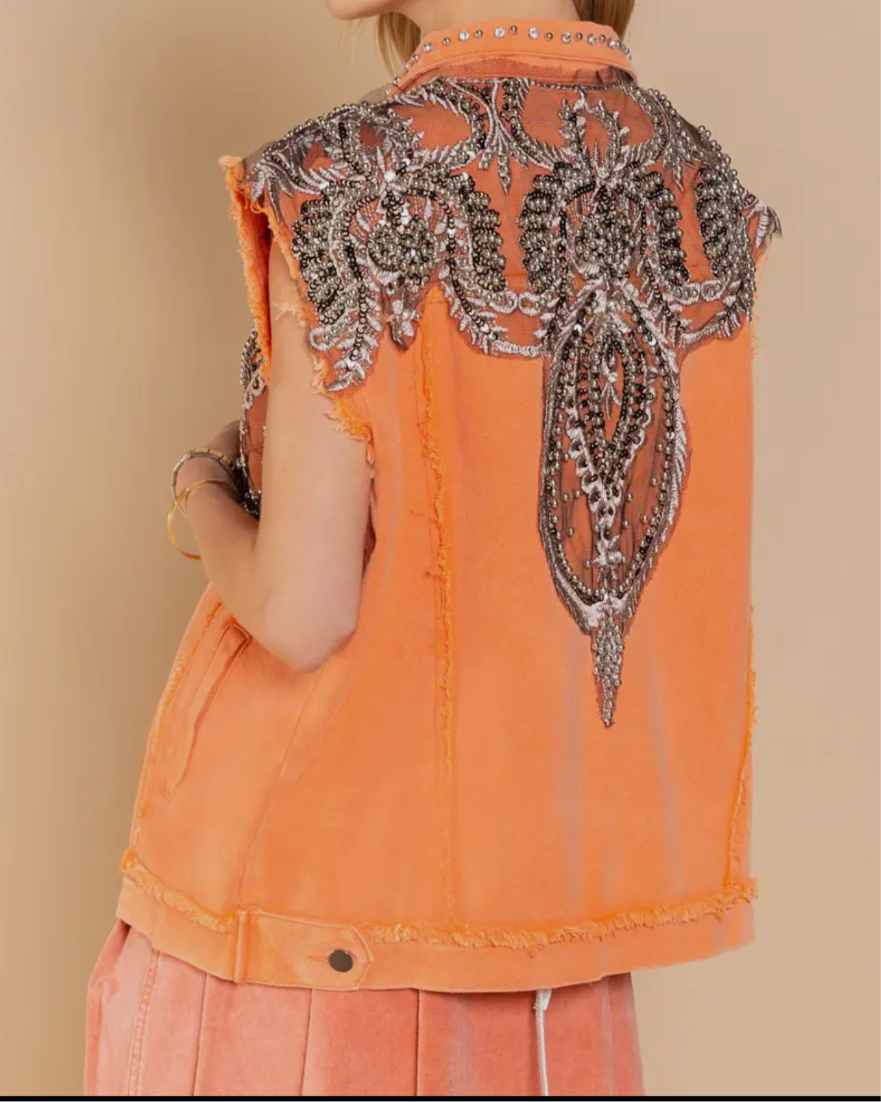 Beckham RHINESTONE & BEADED OVERSIZED ORANGE DENIM VEST