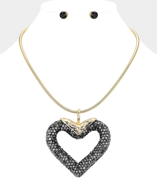 Chunky Bling Studded Heart Pendant Necklace