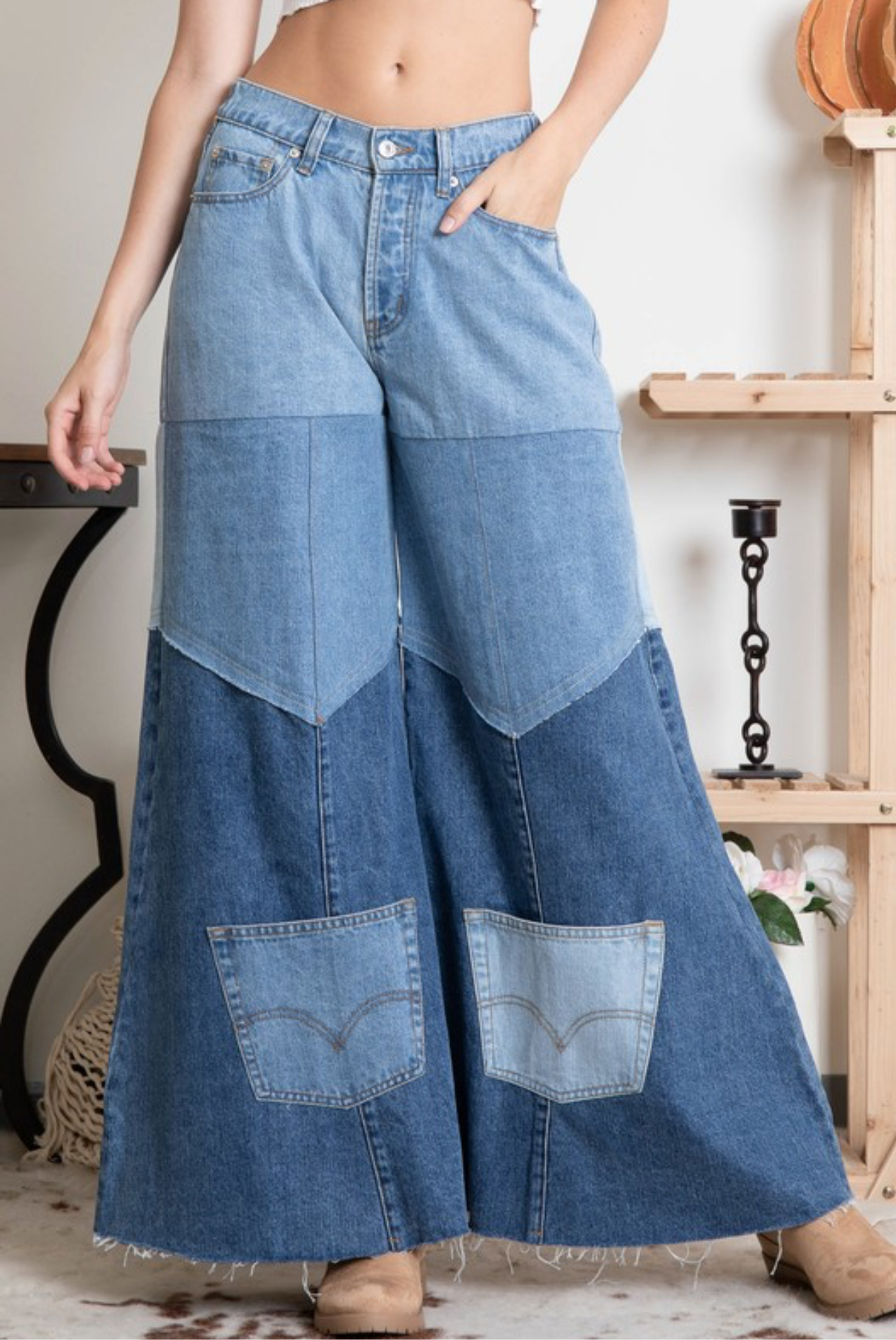 2 Tone Blue Washed Wide Jeans