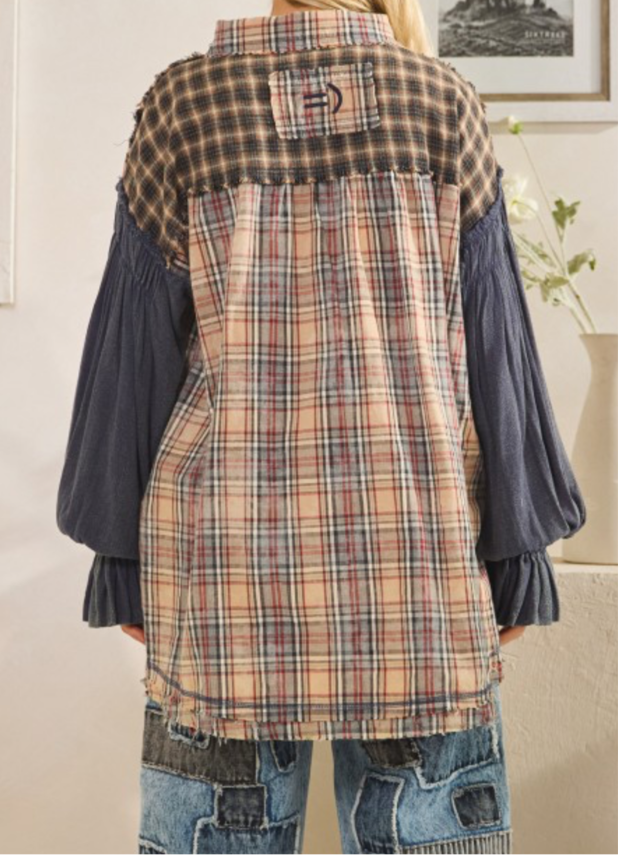 Washed Plaid Asymmetrical Button Down Shirt