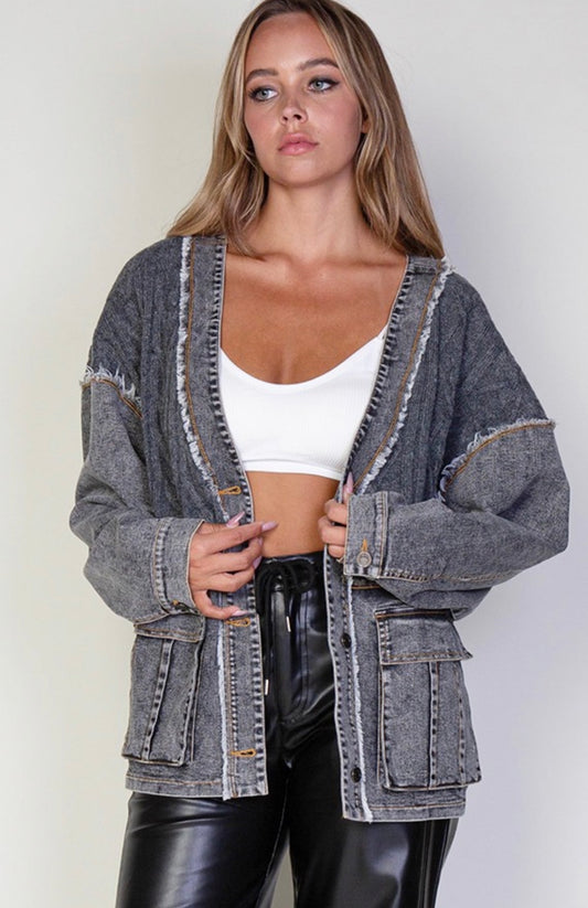 DENIM SWEATER COMBINATION CARDIGAN