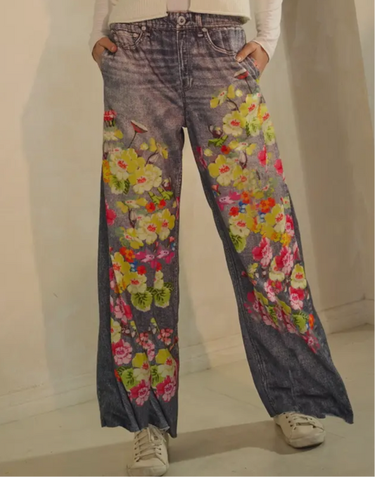 Floral Print & Faux Denim Pants