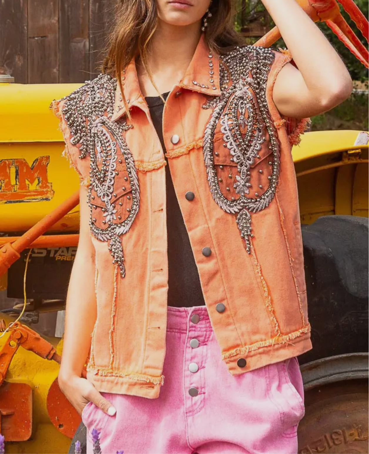 Beckham RHINESTONE & BEADED OVERSIZED ORANGE DENIM VEST