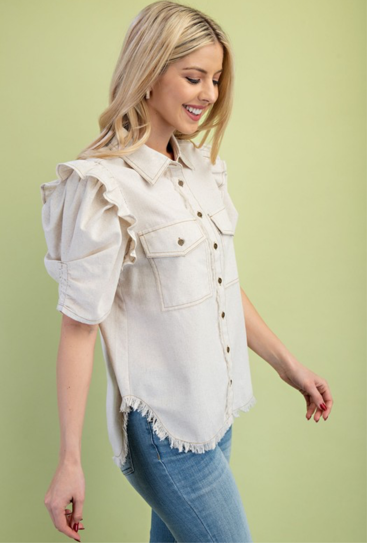 Ozzie Ruffled Gathered Denim Shirt