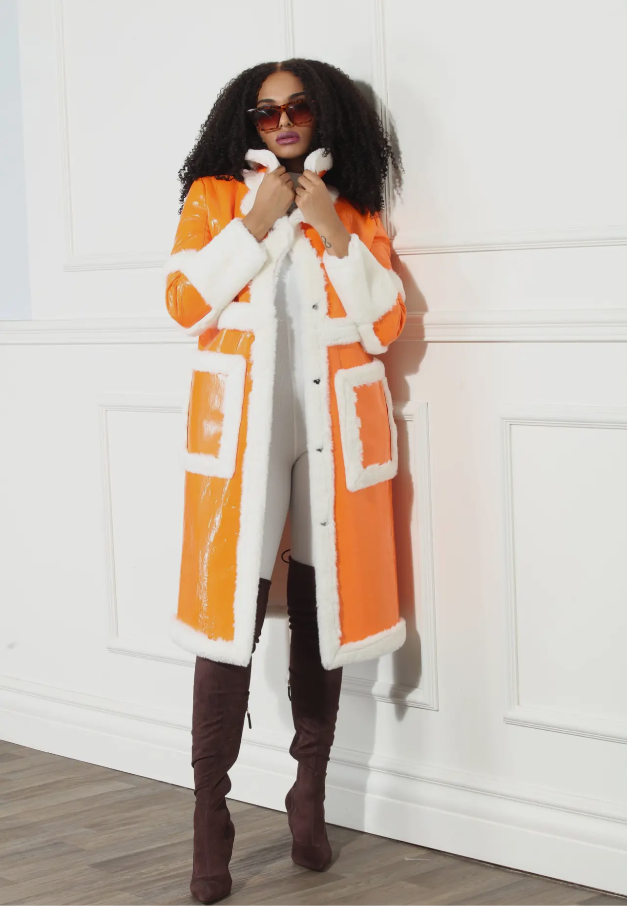 Pay No Attention Orange Faux Leather Coat