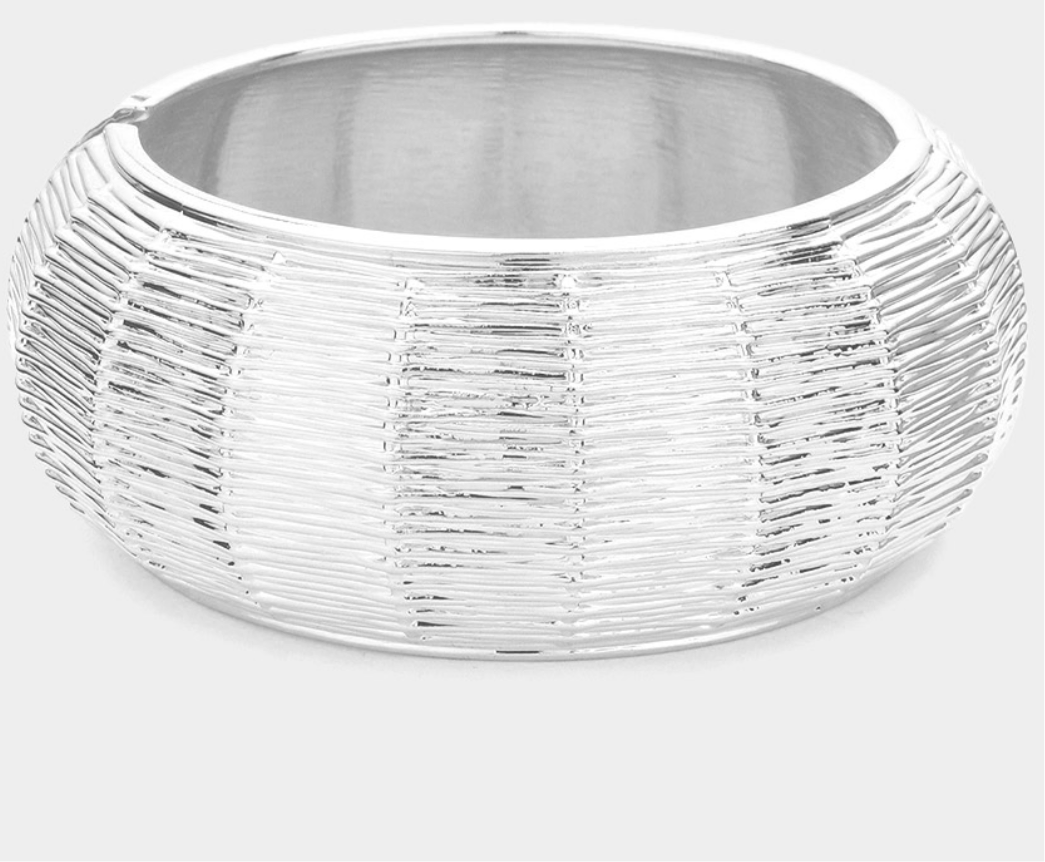 Silver Chunky Textured Metal Hinged Bangle Bracelet