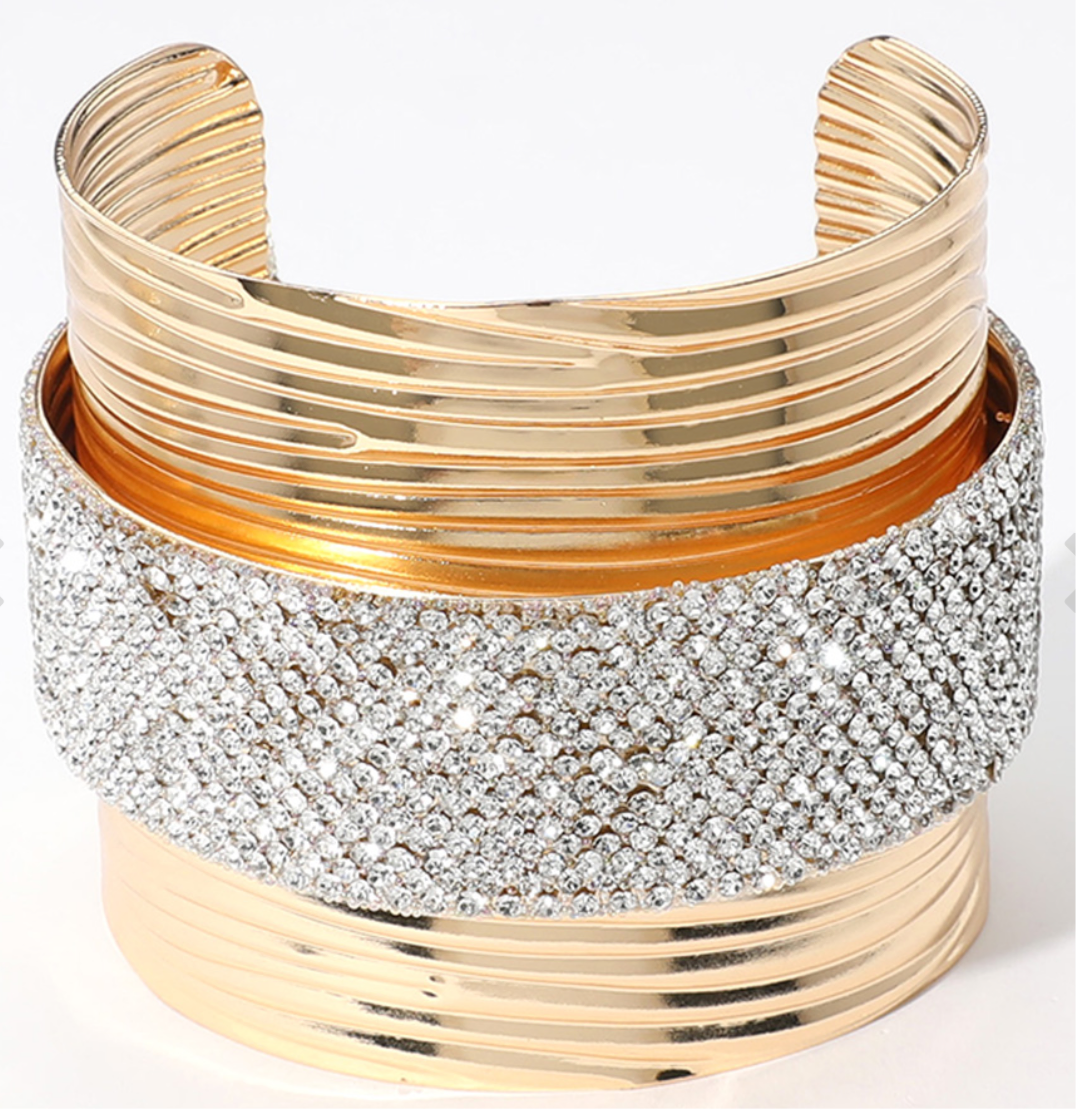 Stone Paved Center Textured Metal Wide Cuff Bracelet