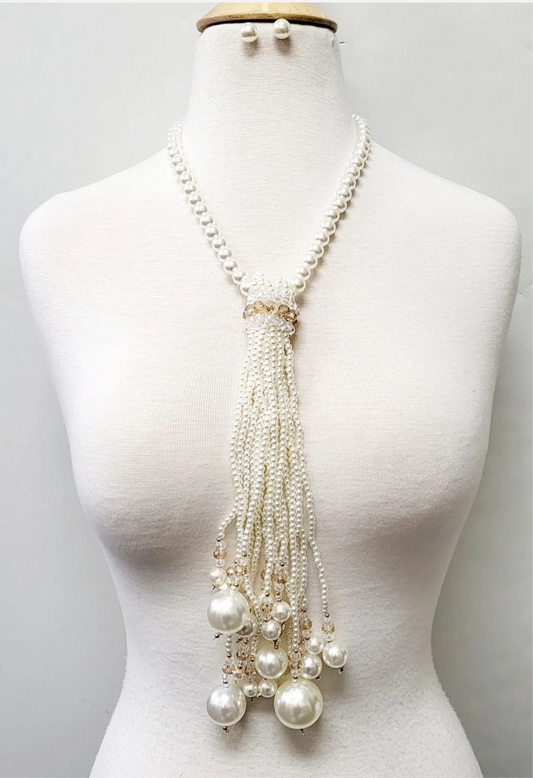 Cream Pearl Long Tassel Set