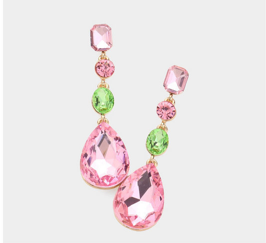 Teardrop Crystal Stone Earrings_Pink Green