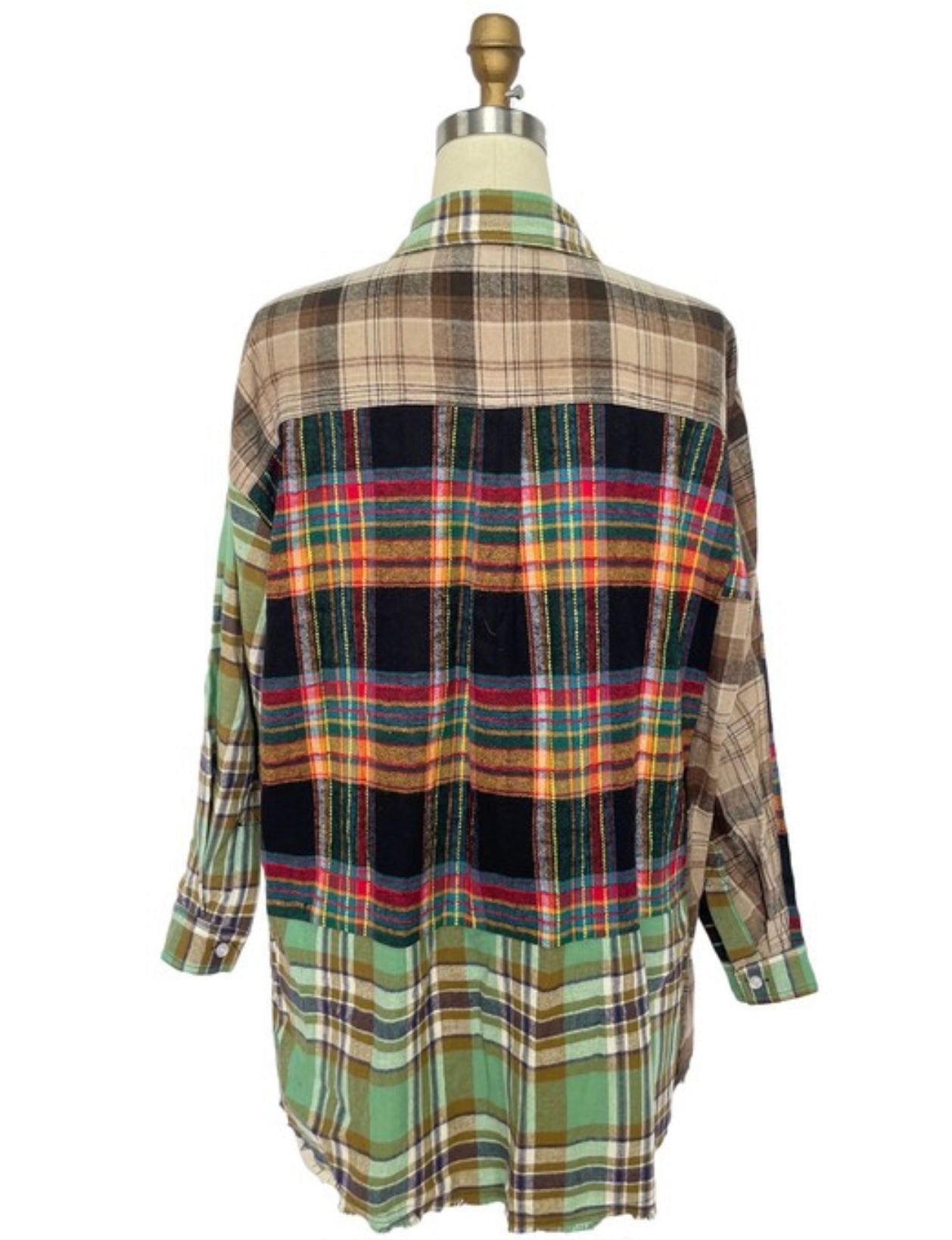 Patchwork Plaid Shirt Oversized Shirt Sleeve Long Sleeve Button Up