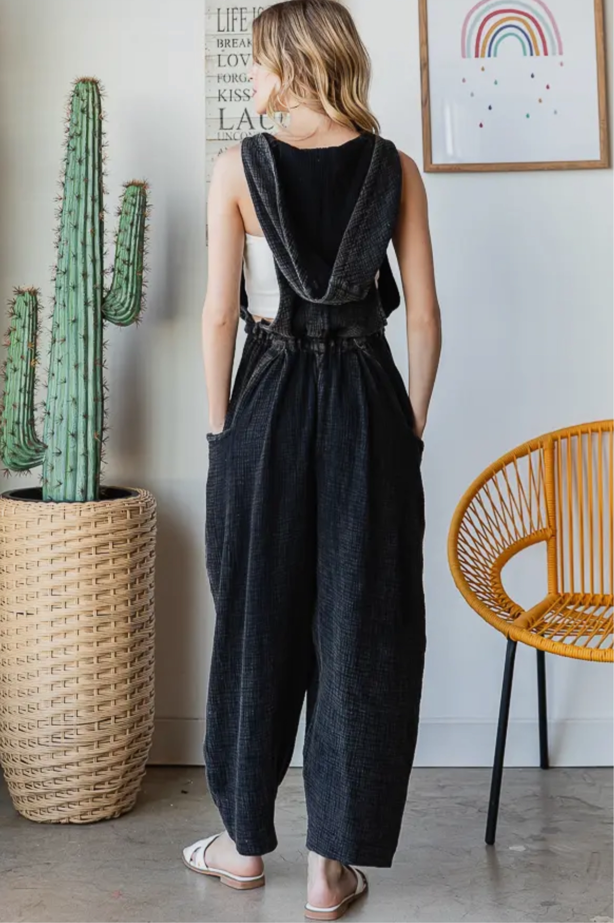 CASSETTE V Neck Elastic Waist Washed Cotton Hooded Jumpsuit