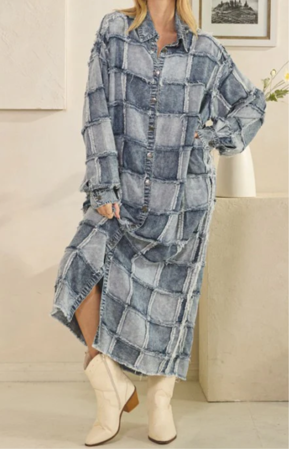 Colorblock Denim Patchwork Raw Edge Plaid Overcoat-Blue