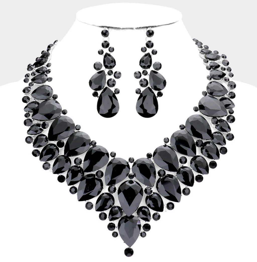 Teardrop Cluster Rhinestone Collar Necklace Set
