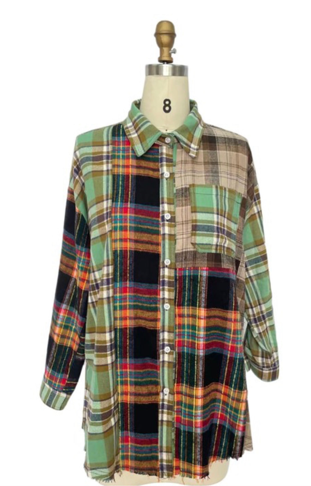 Patchwork Plaid Shirt Oversized Shirt Sleeve Long Sleeve Button Up