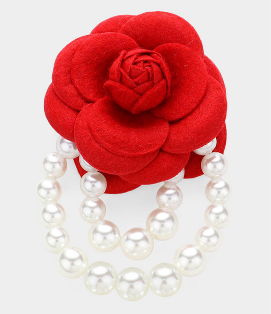 Felt Rose Pointed Pearl Embellished Pin Brooch