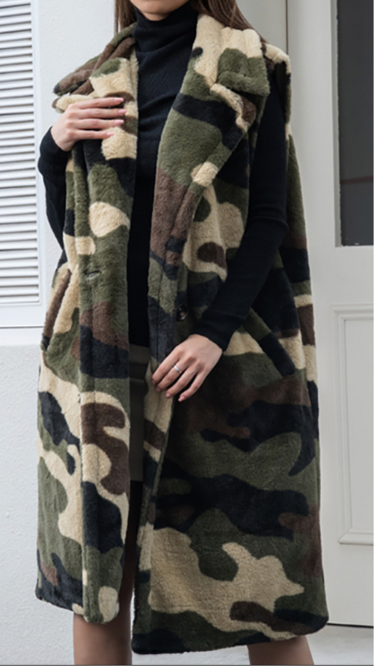 Just a Thought Camo Faux Fur Plaid Long Vest