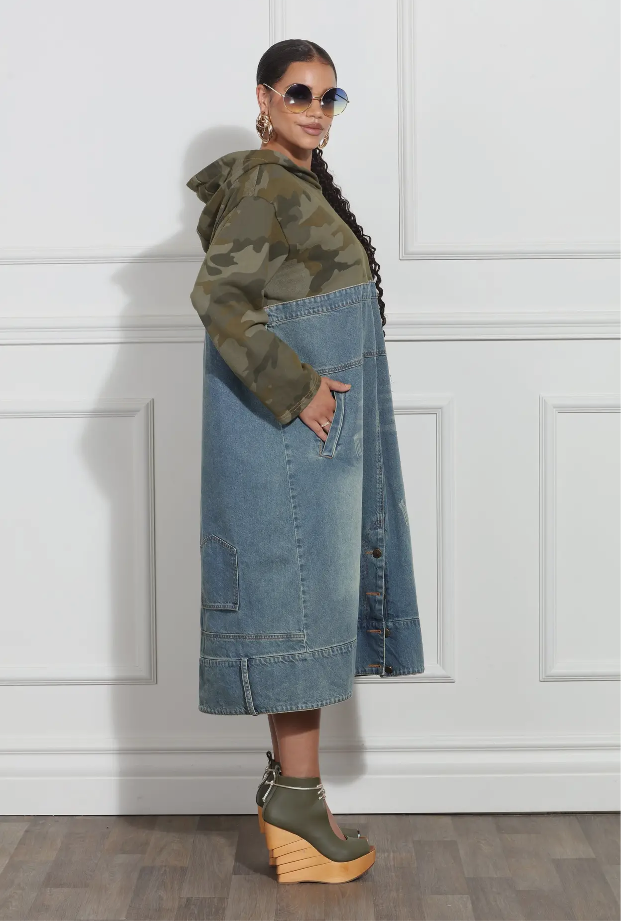 Anytime You Like Denim Camo Hoodie Dress