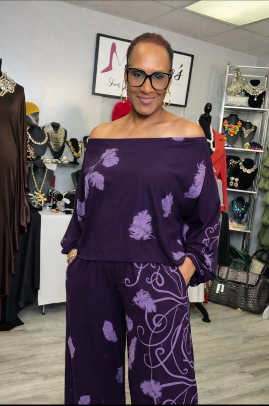 Purple Passion Off Shoulder 2pc Pant Set