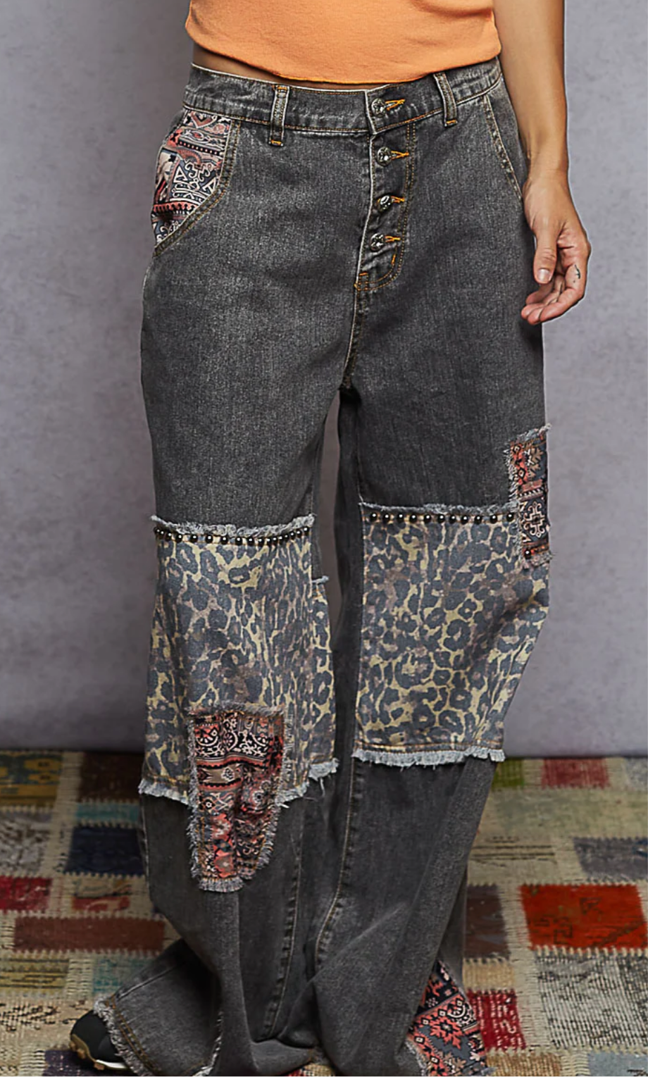 Denim Pants
Contrasting Mixed Print Patchwork