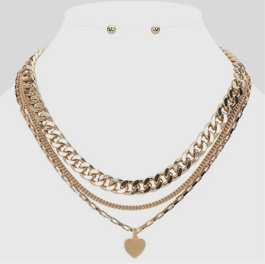 3pc Tiffany Metal Heart Chunky Chain Layered Set