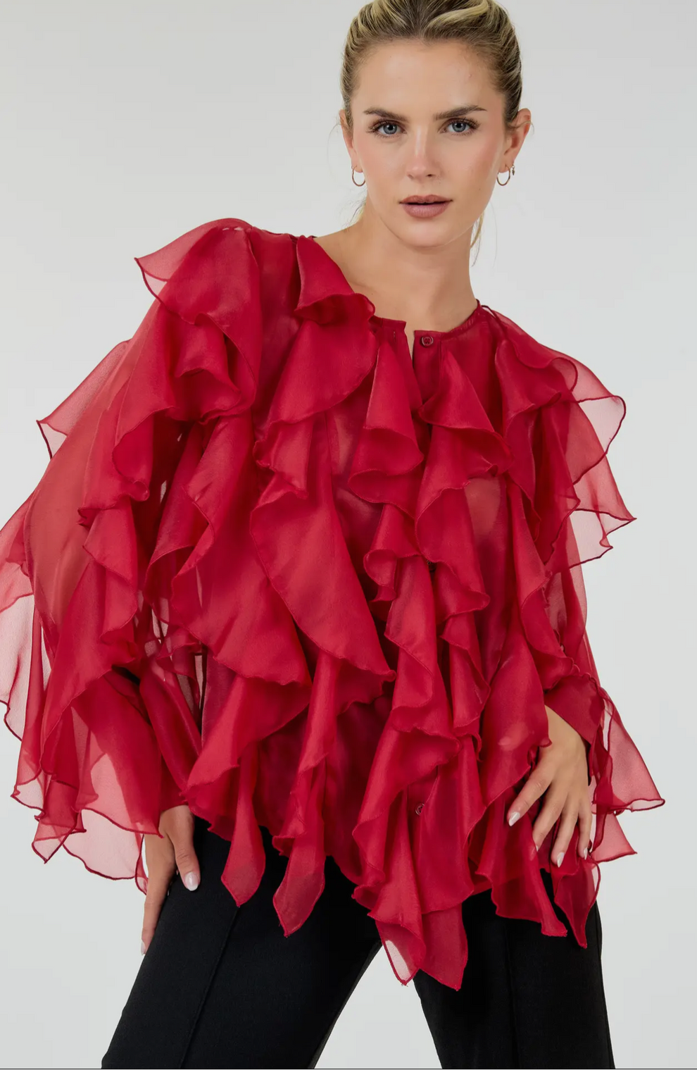 CASCADING RUFFLE BLOUSE TOP_Burgundy – Mintha's Shoe Boutique