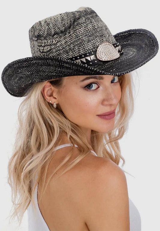 Bling Rhinestone Studded Belt Black Ivory Ombre Cowboy Hat