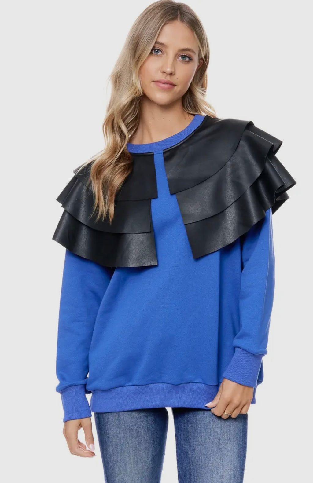 Sassy Faux Leather Ruffle Shoulder Top