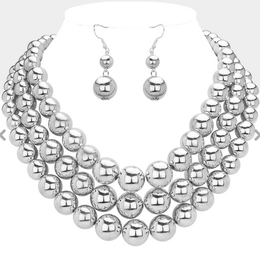 Silver Metal Ball Beaded Triple Layered Statement Necklace