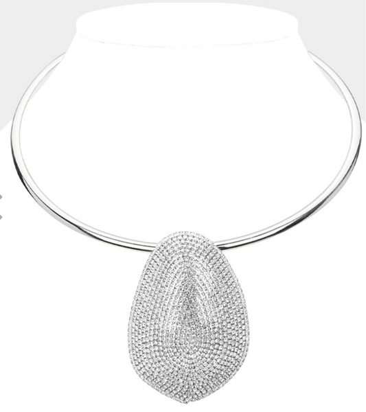 Silver Rhinestone Paved Oval Pendant Statement Necklace