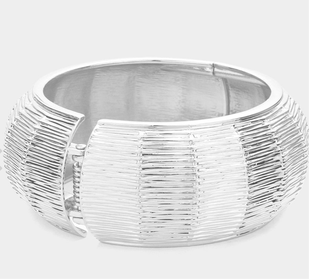 Silver Chunky Textured Metal Hinged Bangle Bracelet