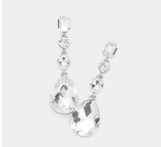 Teardrop Crystal Stone Earrings_Silver