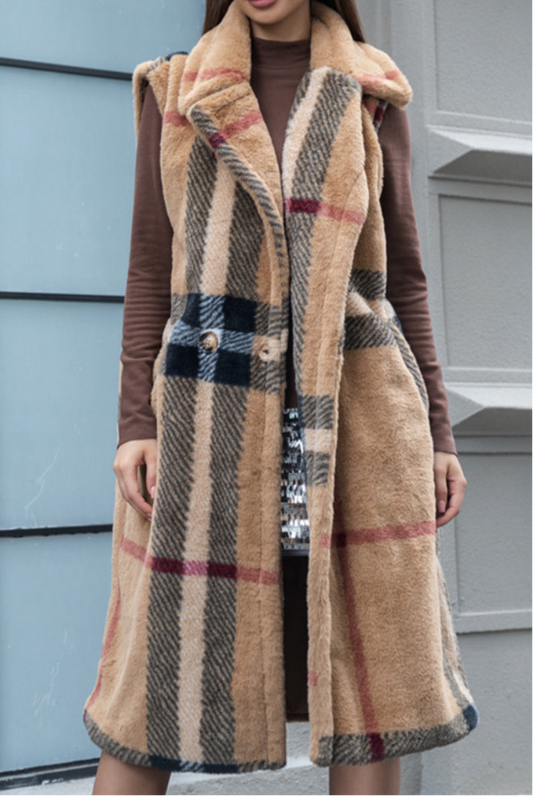 Just a Thought Faux Fur Plaid Long Vest