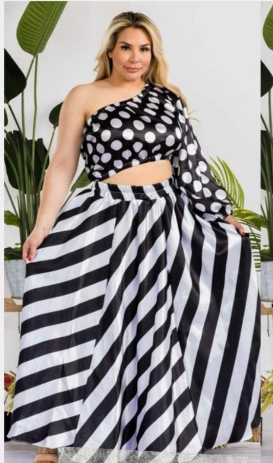 Bora Bora Black & White Strip/Polka Dot Dress Cut Out Dress