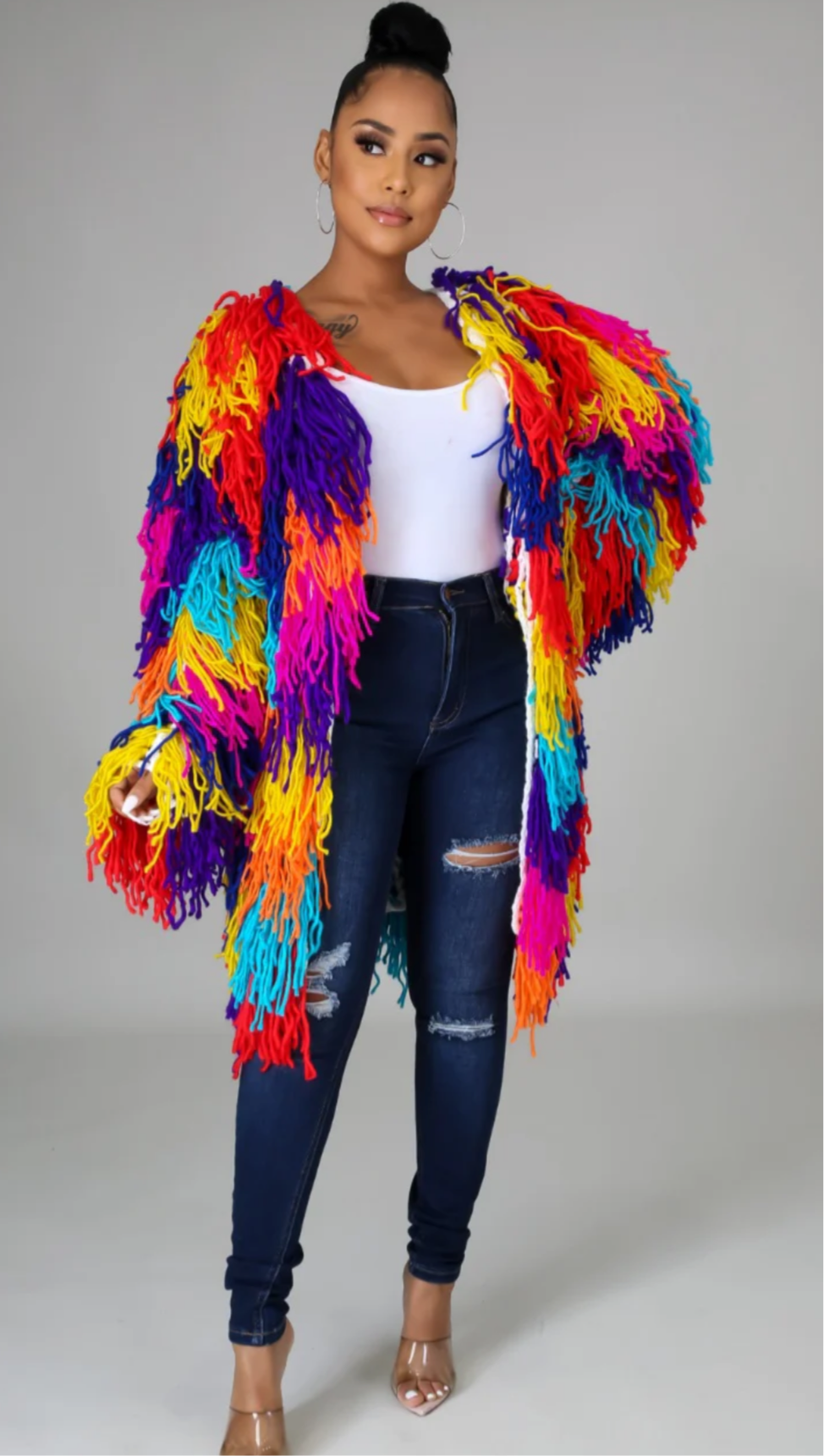 Multi Color Flirty & Fabulous Fringe Cardigan_Mocha