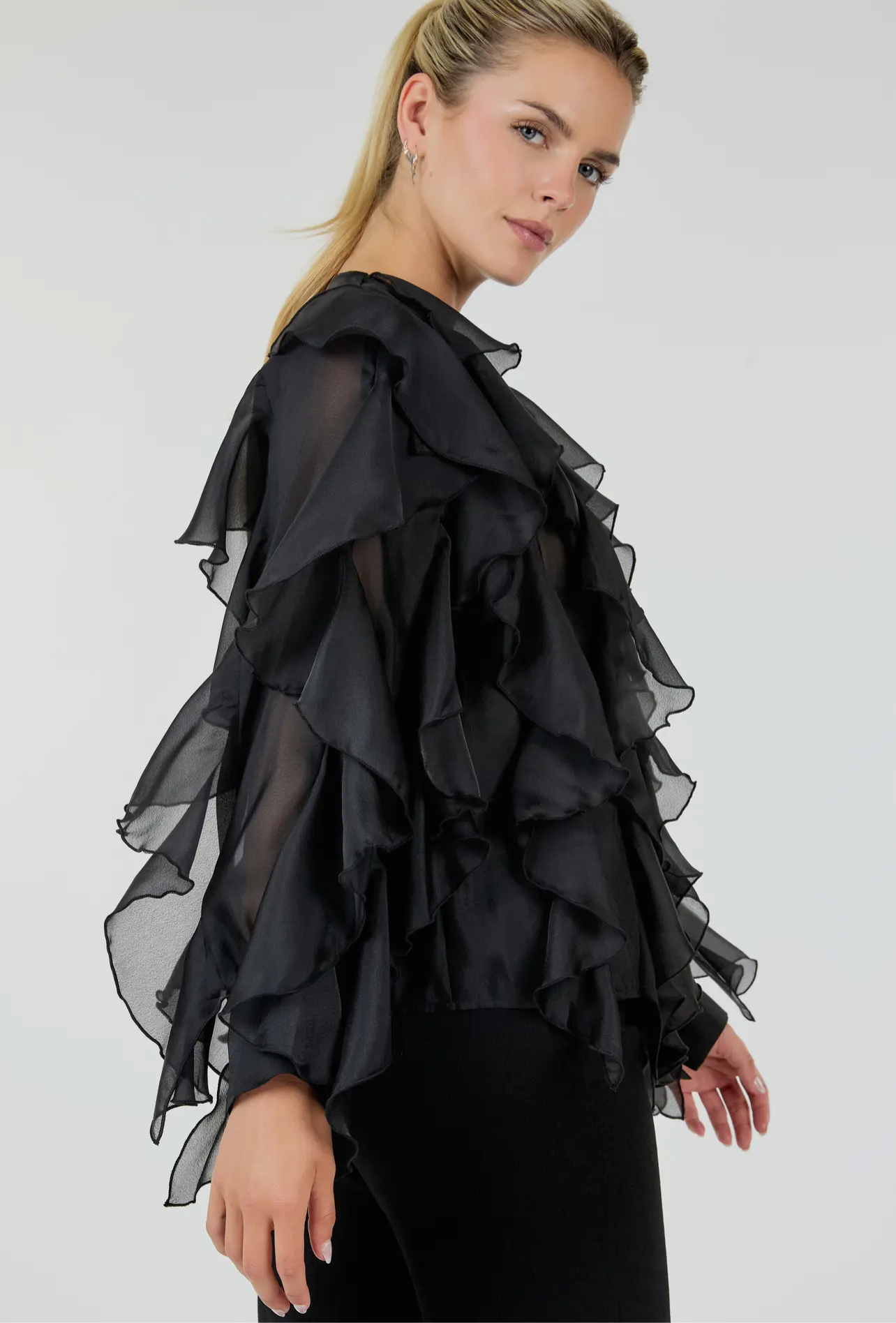 CASCADING RUFFLE BLOUSE TOP_Black