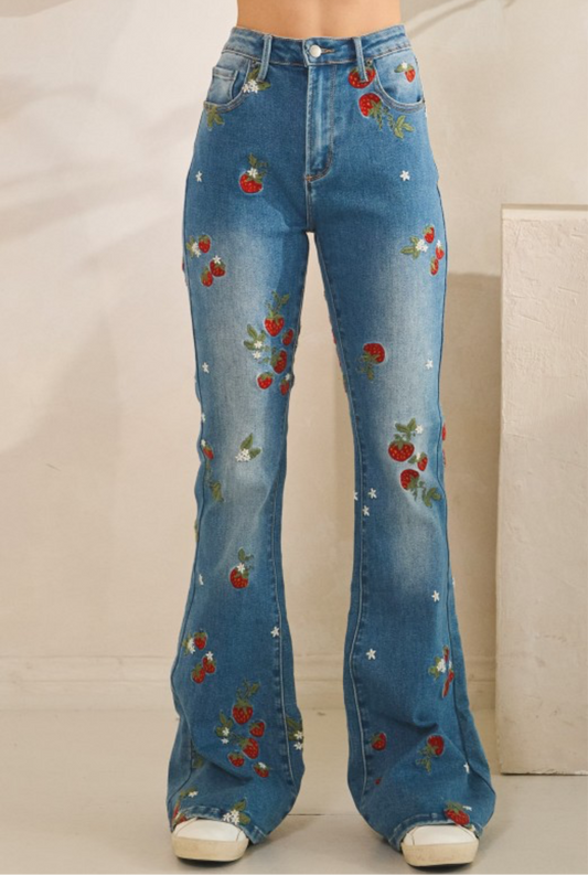 Denim Washed Strawberry Embroidered Jeans